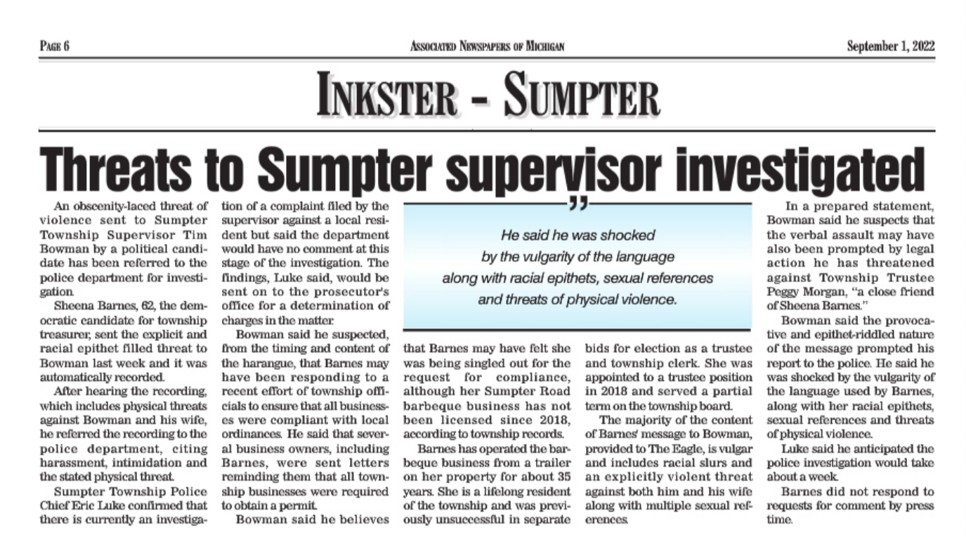 sheena barnes threatens sumpter township supervisor 2022 romulus eagle article