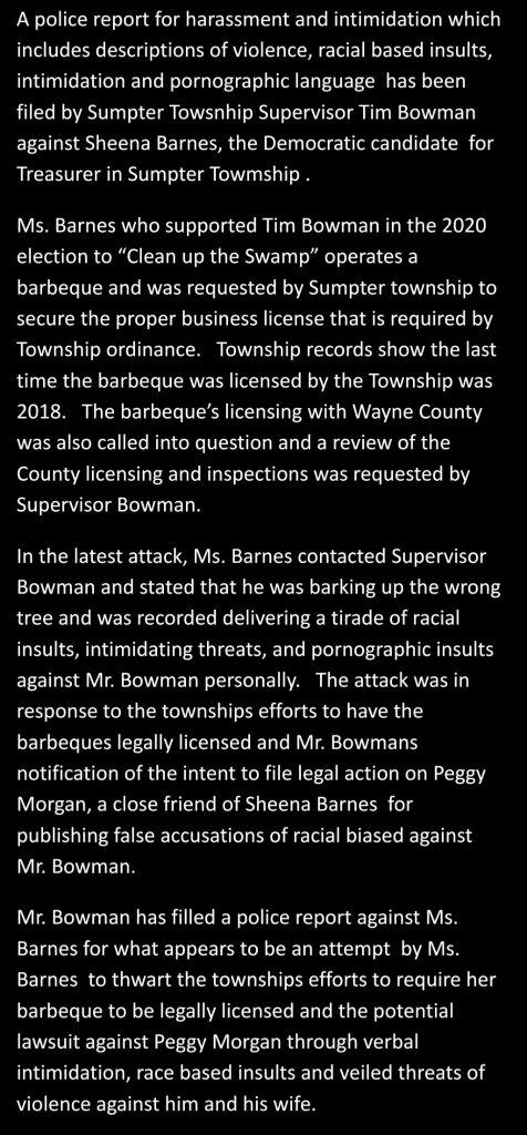 police report harassment intimidation threats sheena barnes sumpter township michigan